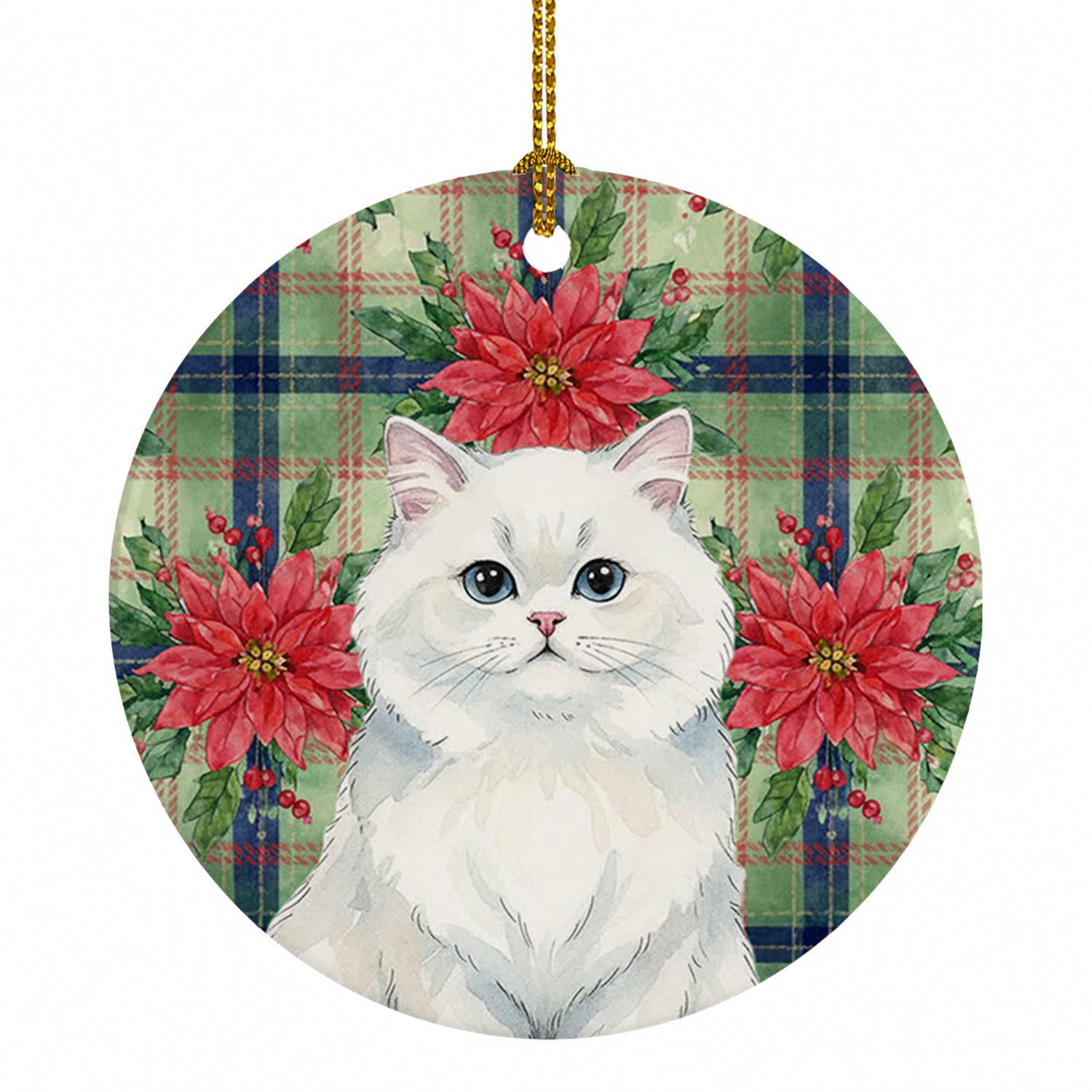 Persian White Cat with Poinsettias Ceramic Ornament Christmas Tree Hanging Decorations for Home Christmas Holiday, Party, Gift, 3 in, Multicolor