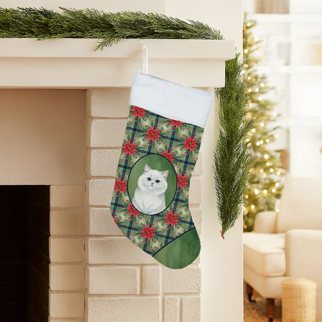 Persian White Cat with Poinsettias Holiday Stocking Double-Sided Print, Polyester Suede,11x18, Made in USA