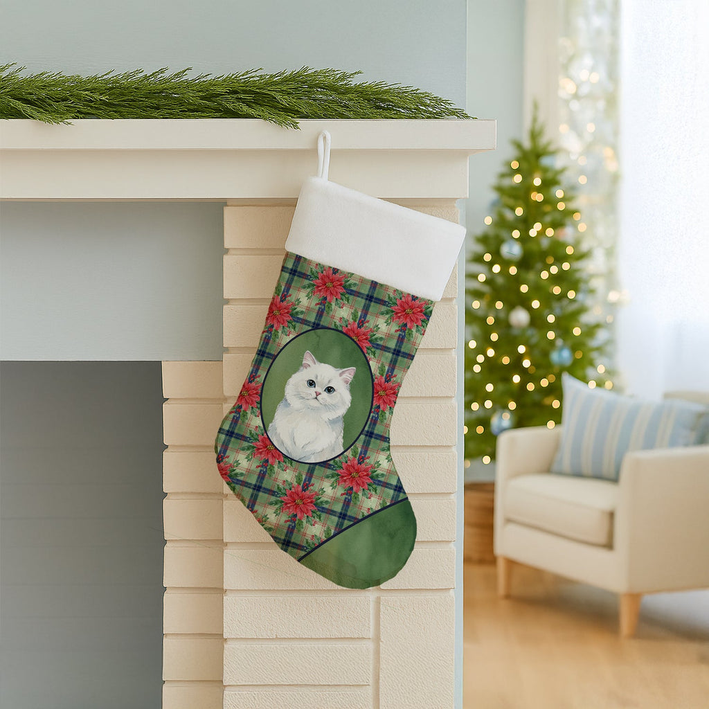 Persian White Cat with Poinsettias Holiday Stocking Double-Sided Print, Polyester Suede,11x18, Made in USA