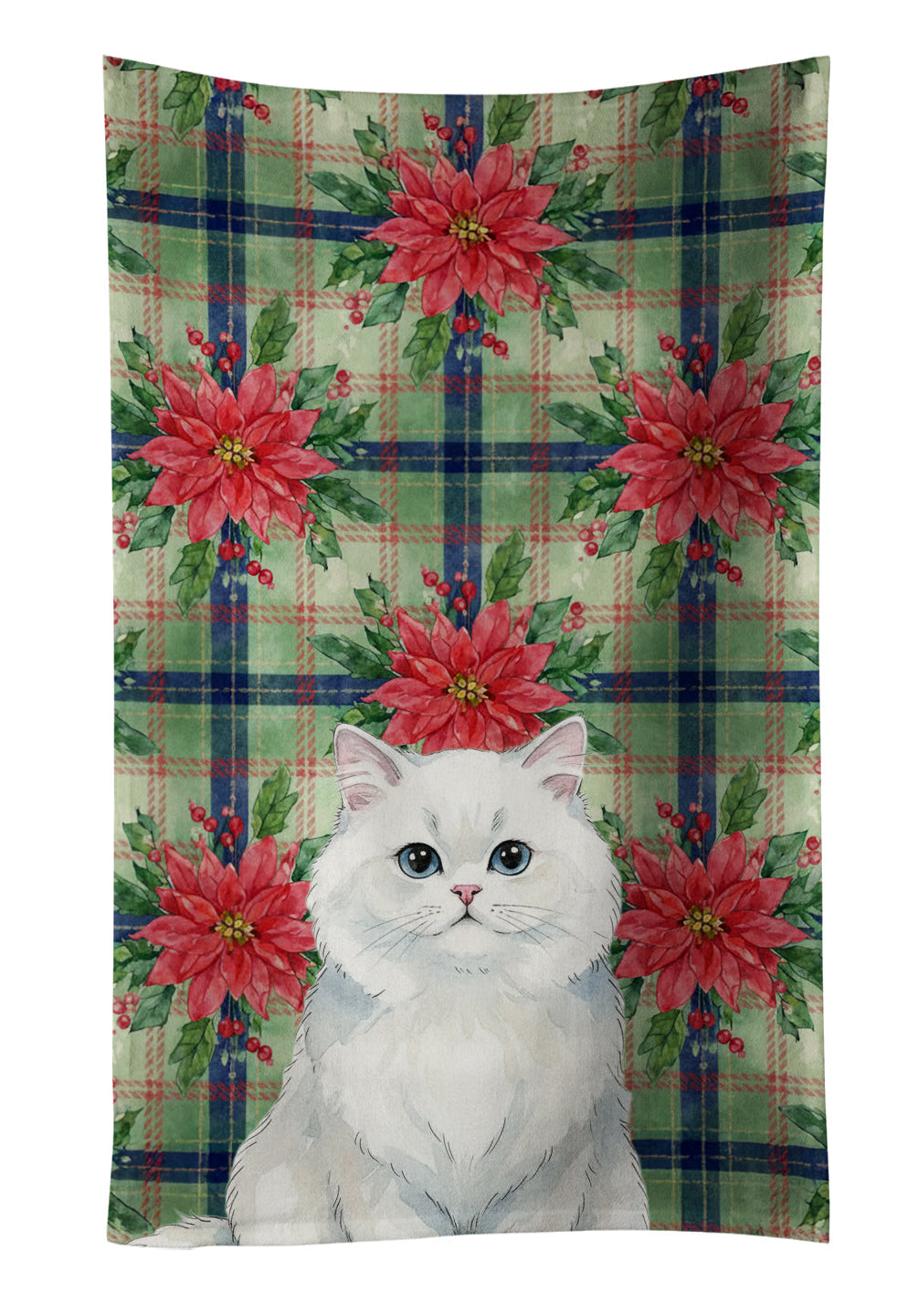 Persian White Cat with Poinsettias Kitchen Towel Velour Plush Front and Cotton Loop Back Machine Washable