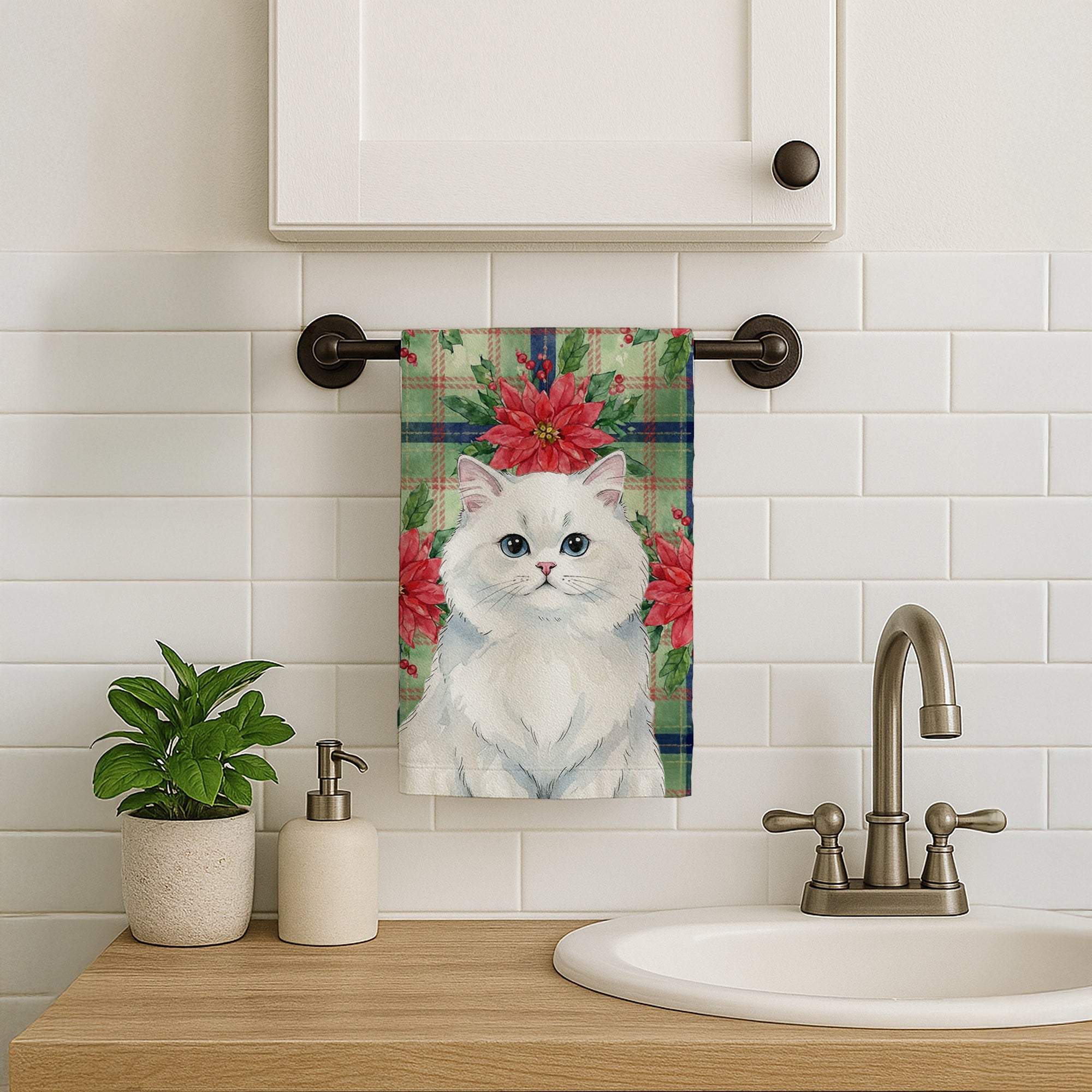 Persian White Cat with Poinsettias Kitchen Towel Velour Plush Front and Cotton Loop Back Machine Washable