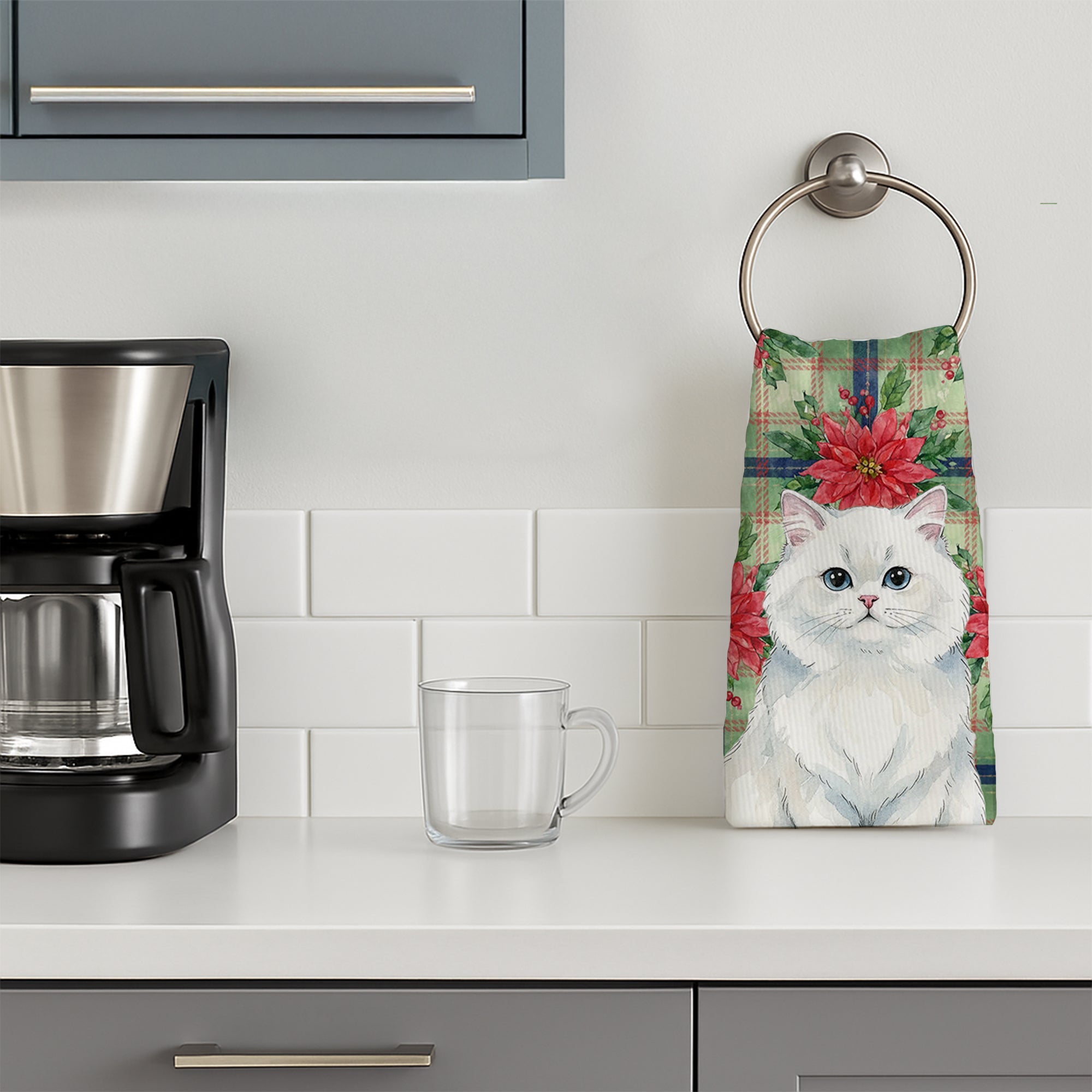 Persian White Cat with Poinsettias Kitchen Towel Velour Plush Front and Cotton Loop Back Machine Washable