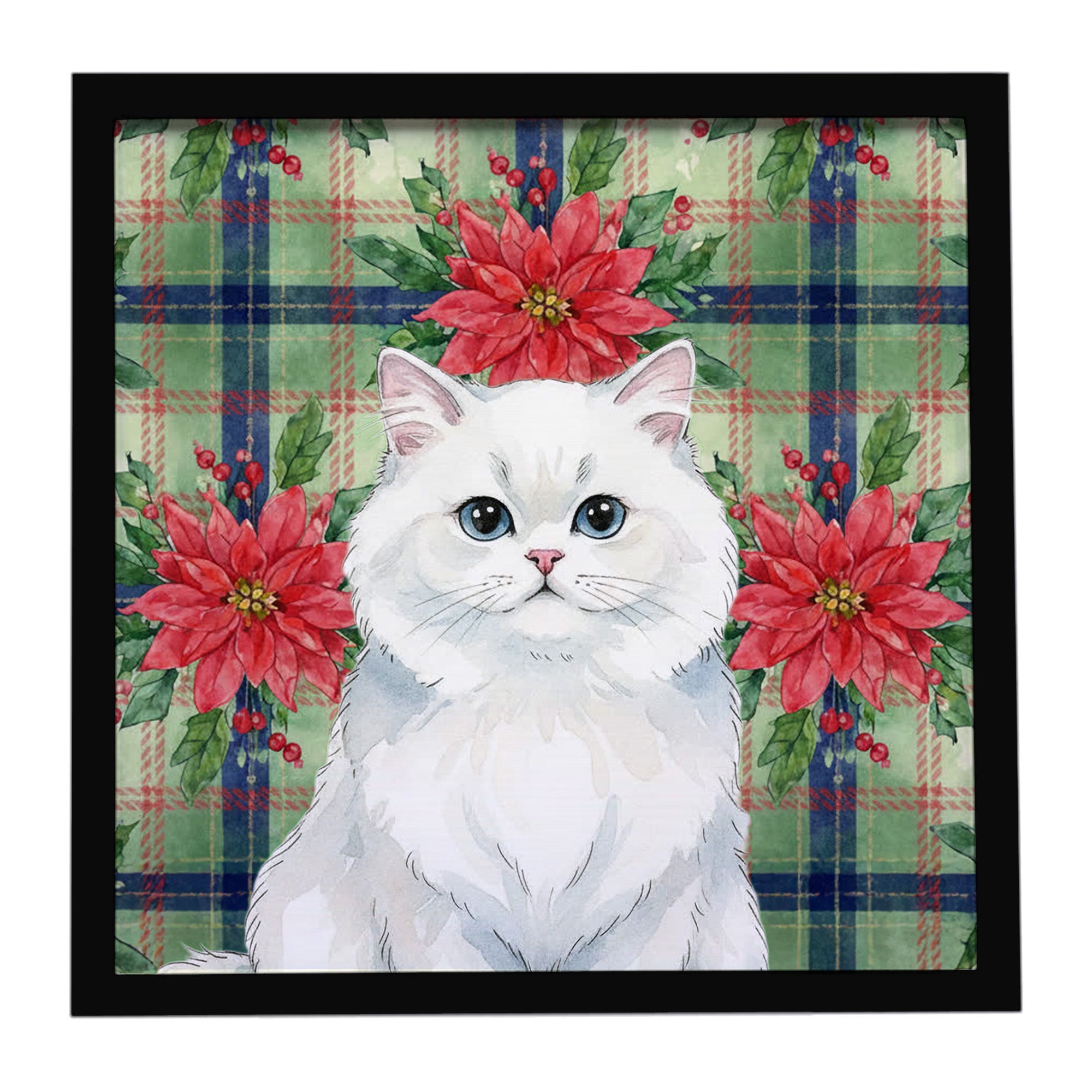 Persian White Cat with Poinsettias Framed Metal Print Bathroom, Kitchen, Office, Home Decor Wall Art Ready to Hang, Square, 8X8