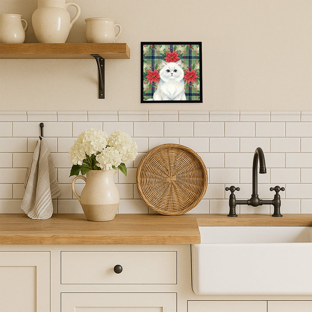 Persian White Cat with Poinsettias Framed Metal Print Bathroom, Kitchen, Office, Home Decor Wall Art Ready to Hang, Square, 8X8