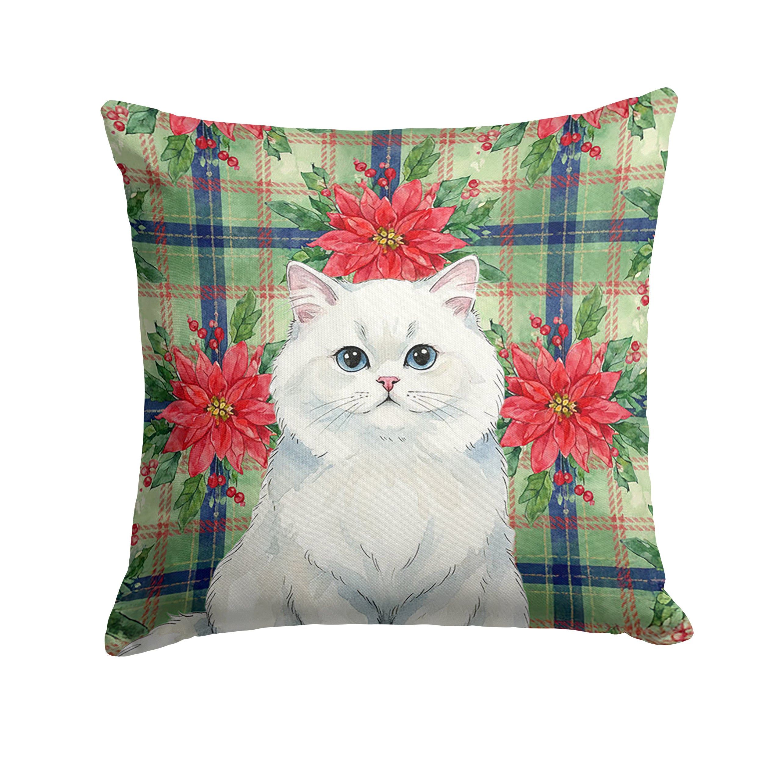 Persian White Cat with Poinsettias Decorative Throw Pillow 14x14 Indoor Outdoor Accent Cushion, Fabric Cover with Insert for Sofa, Bed, Porch & Living Room