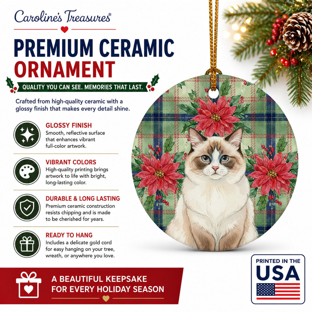 Ragdoll Bicolor Cat with Poinsettias Ceramic Ornament Christmas Tree Hanging Decorations for Home Christmas Holiday, Party, Gift, 3 in, Multicolor