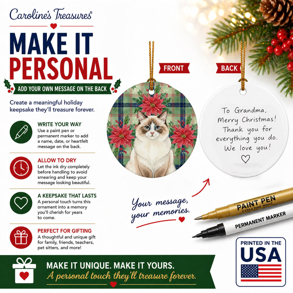 Ragdoll Bicolor Cat with Poinsettias Ceramic Ornament Christmas Tree Hanging Decorations for Home Christmas Holiday, Party, Gift, 3 in, Multicolor