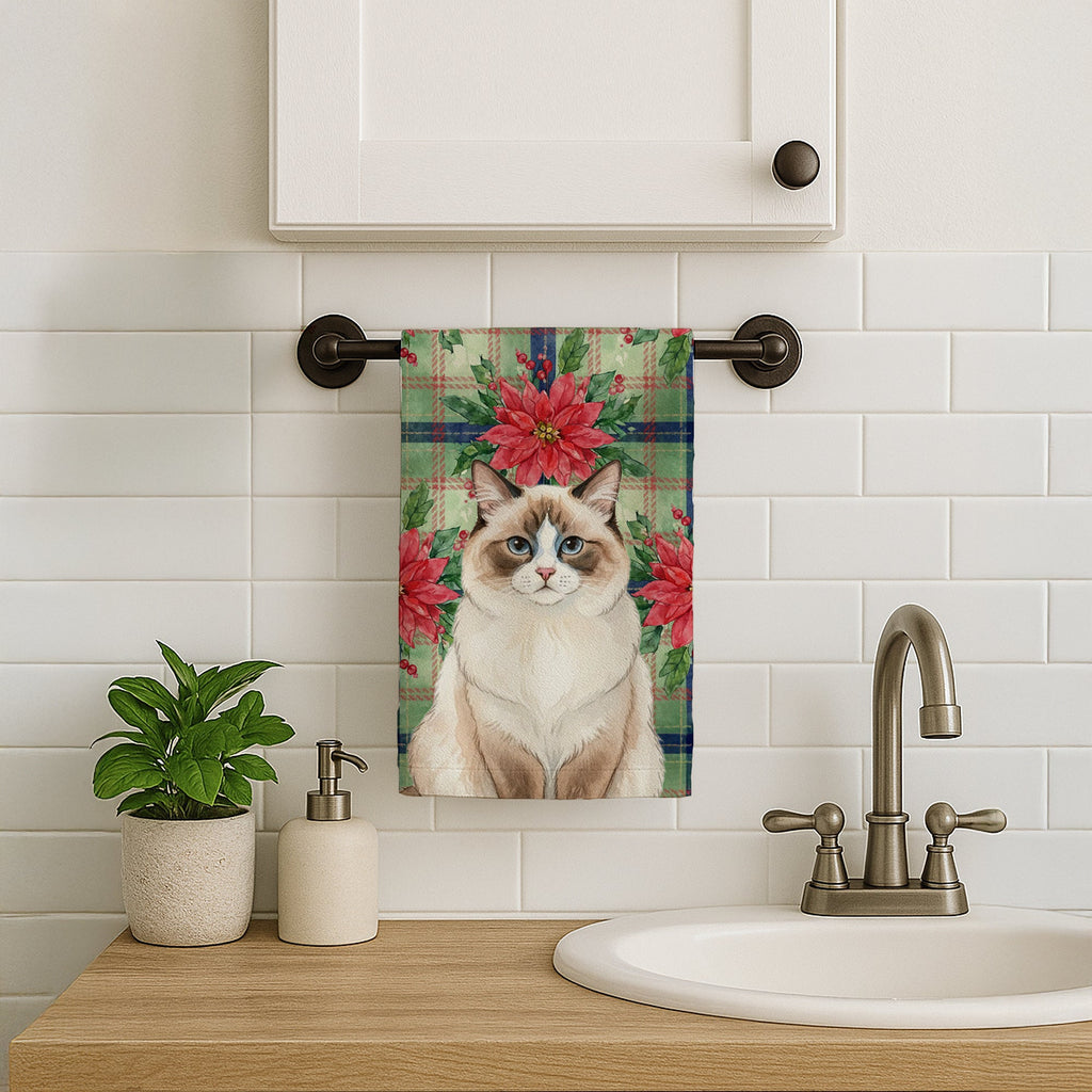 Ragdoll Bicolor Cat with Poinsettias Kitchen Towel Velour Plush Front and Cotton Loop Back Machine Washable