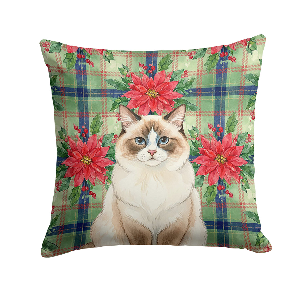 Ragdoll Bicolor Cat with Poinsettias Decorative Throw Pillow 14x14 Indoor Outdoor Accent Cushion, Fabric Cover with Insert for Sofa, Bed, Porch & Living Room