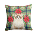 Ragdoll Bicolor Cat with Poinsettias Decorative Throw Pillow 14x14 Indoor Outdoor Accent Cushion, Fabric Cover with Insert for Sofa, Bed, Porch & Living Room