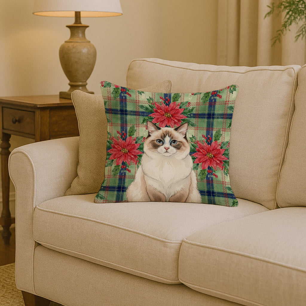 Ragdoll Bicolor Cat with Poinsettias Decorative Throw Pillow 14x14 Indoor Outdoor Accent Cushion, Fabric Cover with Insert for Sofa, Bed, Porch & Living Room