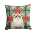 Ragdoll Bicolor Cat with Poinsettias Decorative Throw Pillow 18x18 Indoor Outdoor Accent Cushion, Fabric Cover with Insert for Sofa, Bed, Porch & Living Room