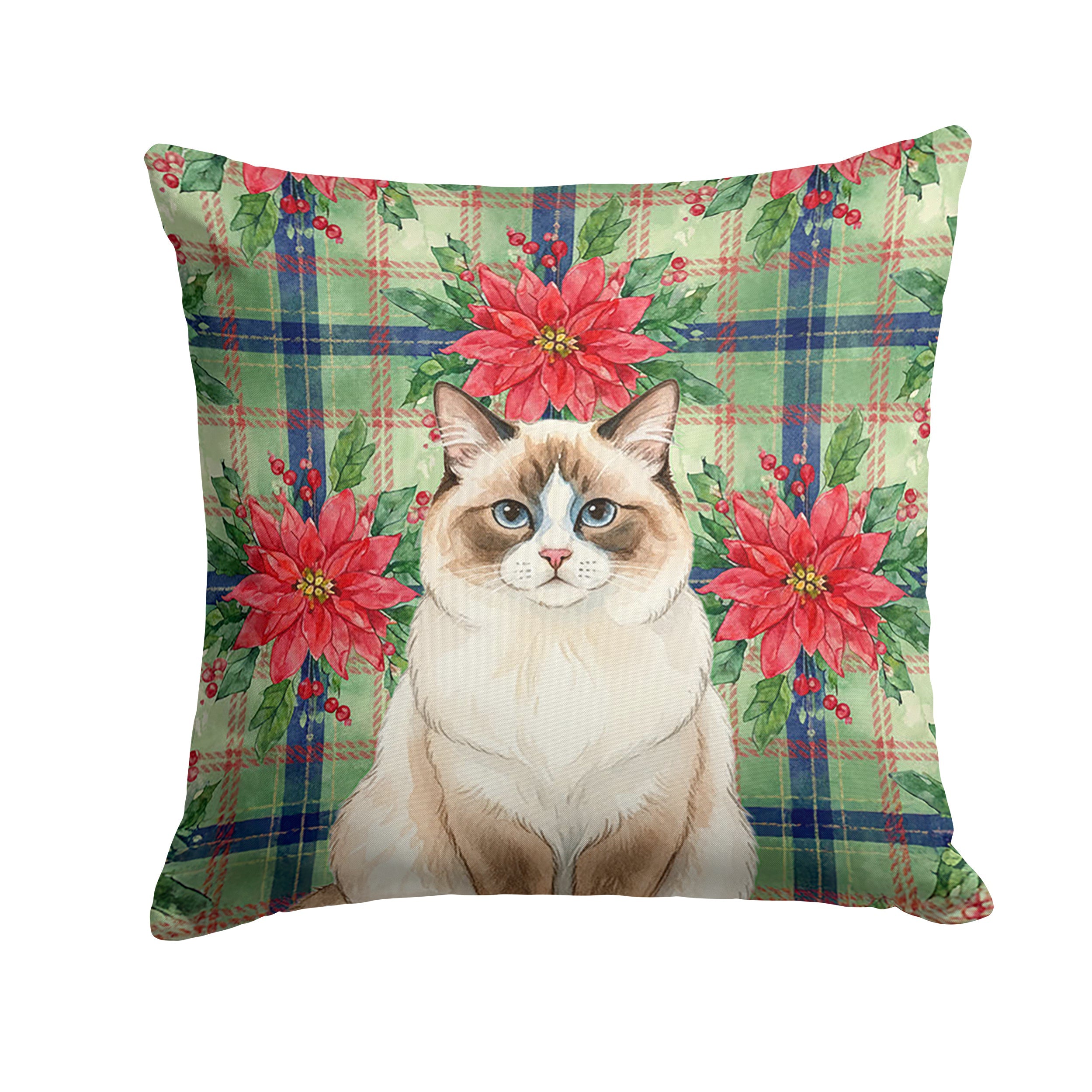 Ragdoll Bicolor Cat with Poinsettias Decorative Throw Pillow 18x18 Indoor Outdoor Accent Cushion, Fabric Cover with Insert for Sofa, Bed, Porch & Living Room