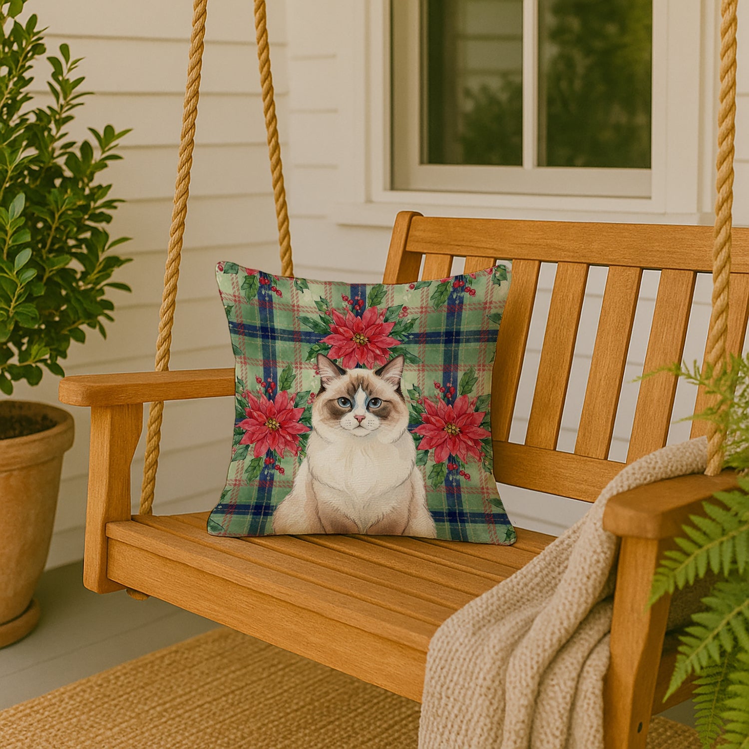Ragdoll Bicolor Cat with Poinsettias Decorative Throw Pillow 18x18 Indoor Outdoor Accent Cushion, Fabric Cover with Insert for Sofa, Bed, Porch & Living Room