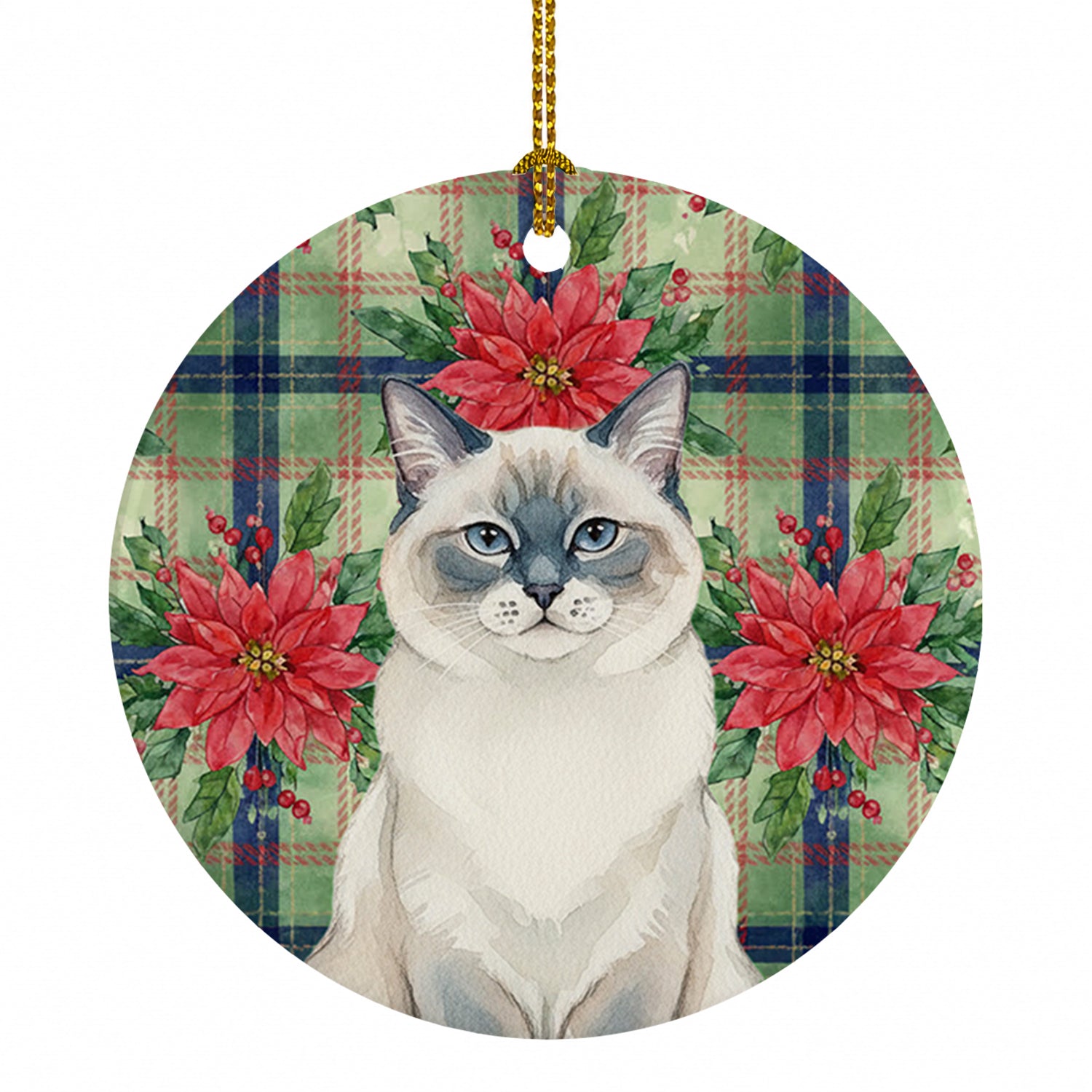 Ragdoll Blue Point Cat with Poinsettias Ceramic Ornament Christmas Tree Hanging Decorations for Home Christmas Holiday, Party, Gift, 3 in, Multicolor