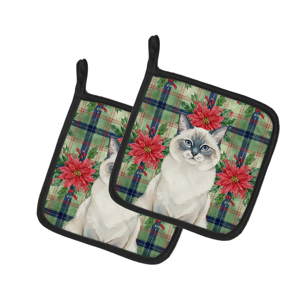 Ragdoll Blue Point Cat with Poinsettias Pot Holder Set of 2 Heat Resistant Quilted Hot Pads 7.5 x 7.5 Inch, Insulated Kitchen Trivets for Cooking & Baking