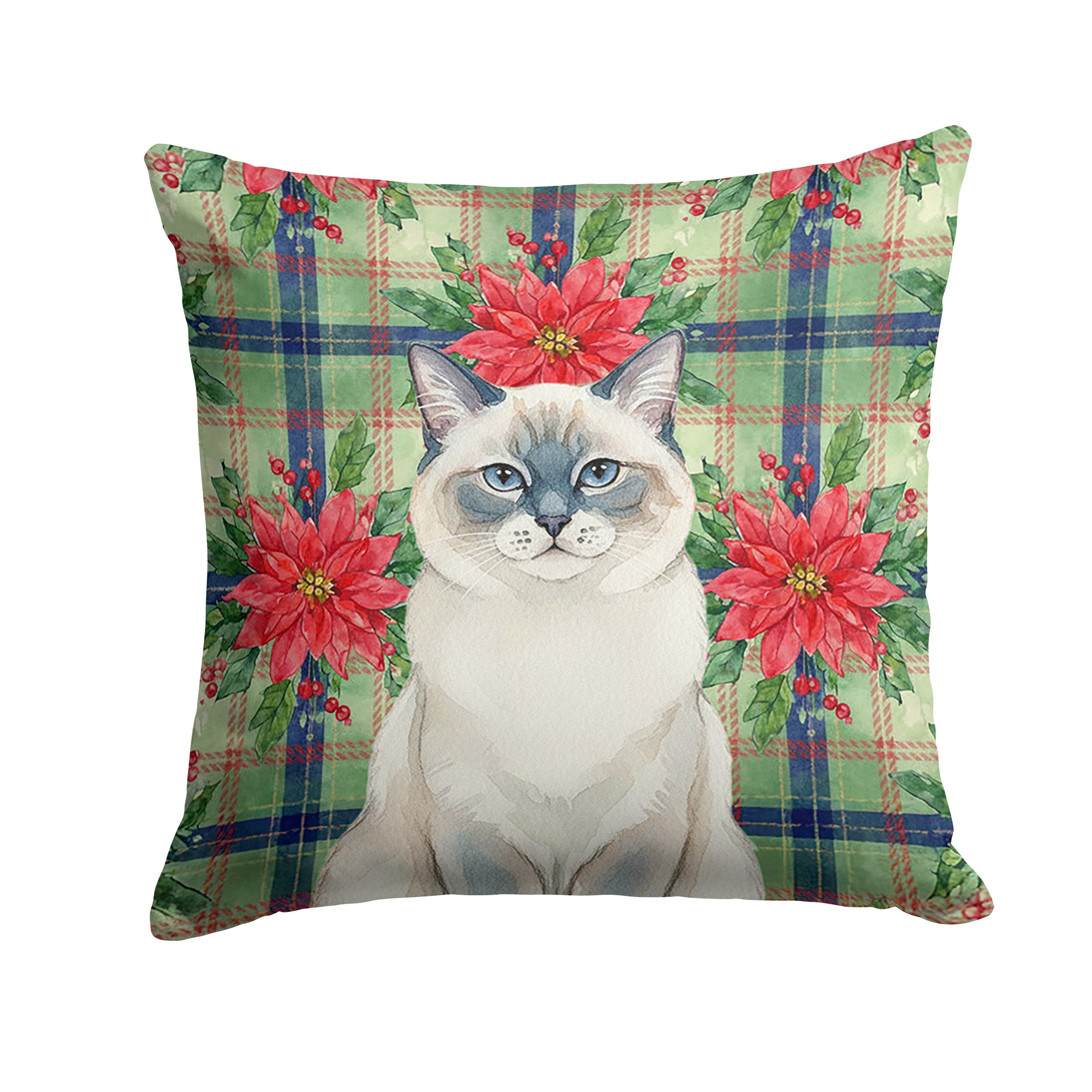Ragdoll Blue Point Cat with Poinsettias Decorative Throw Pillow 14x14 Indoor Outdoor Accent Cushion, Fabric Cover with Insert for Sofa, Bed, Porch & Living Room