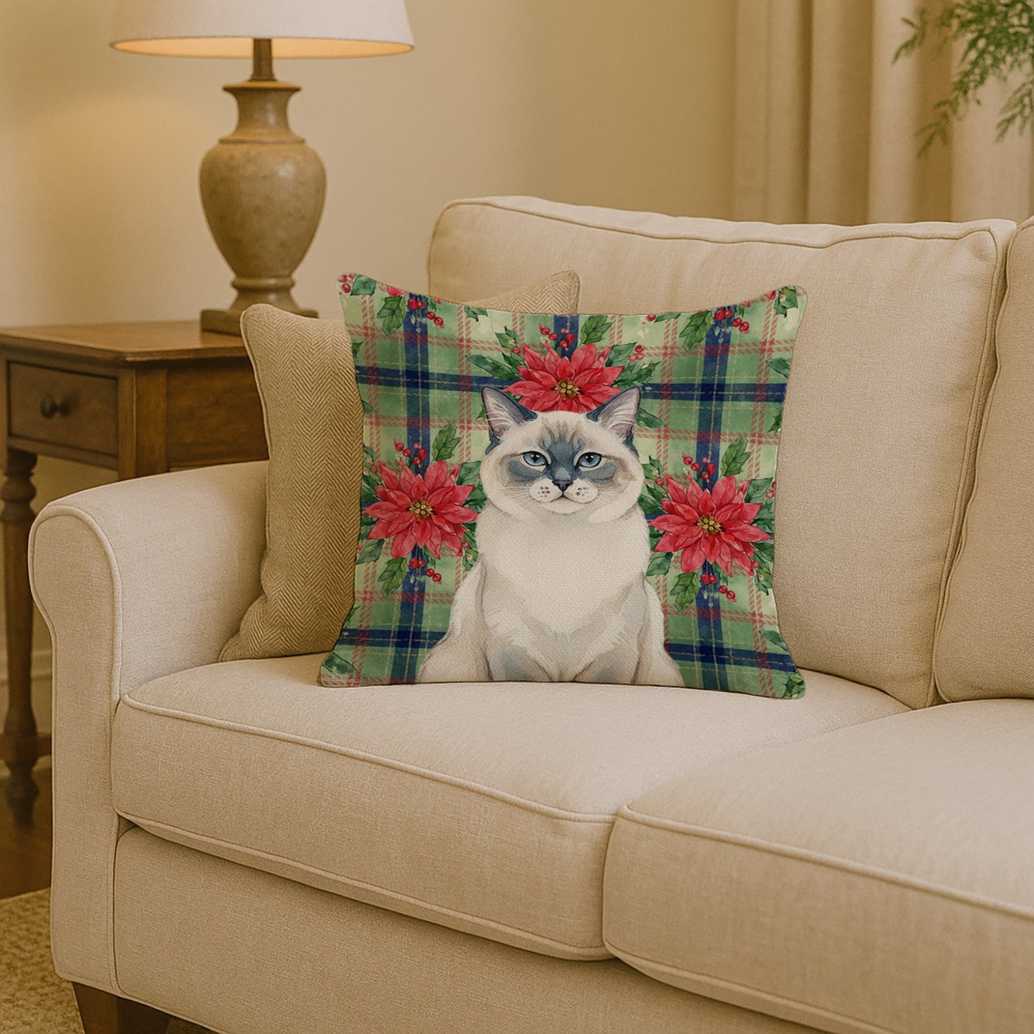 Ragdoll Blue Point Cat with Poinsettias Decorative Throw Pillow 14x14 Indoor Outdoor Accent Cushion, Fabric Cover with Insert for Sofa, Bed, Porch & Living Room