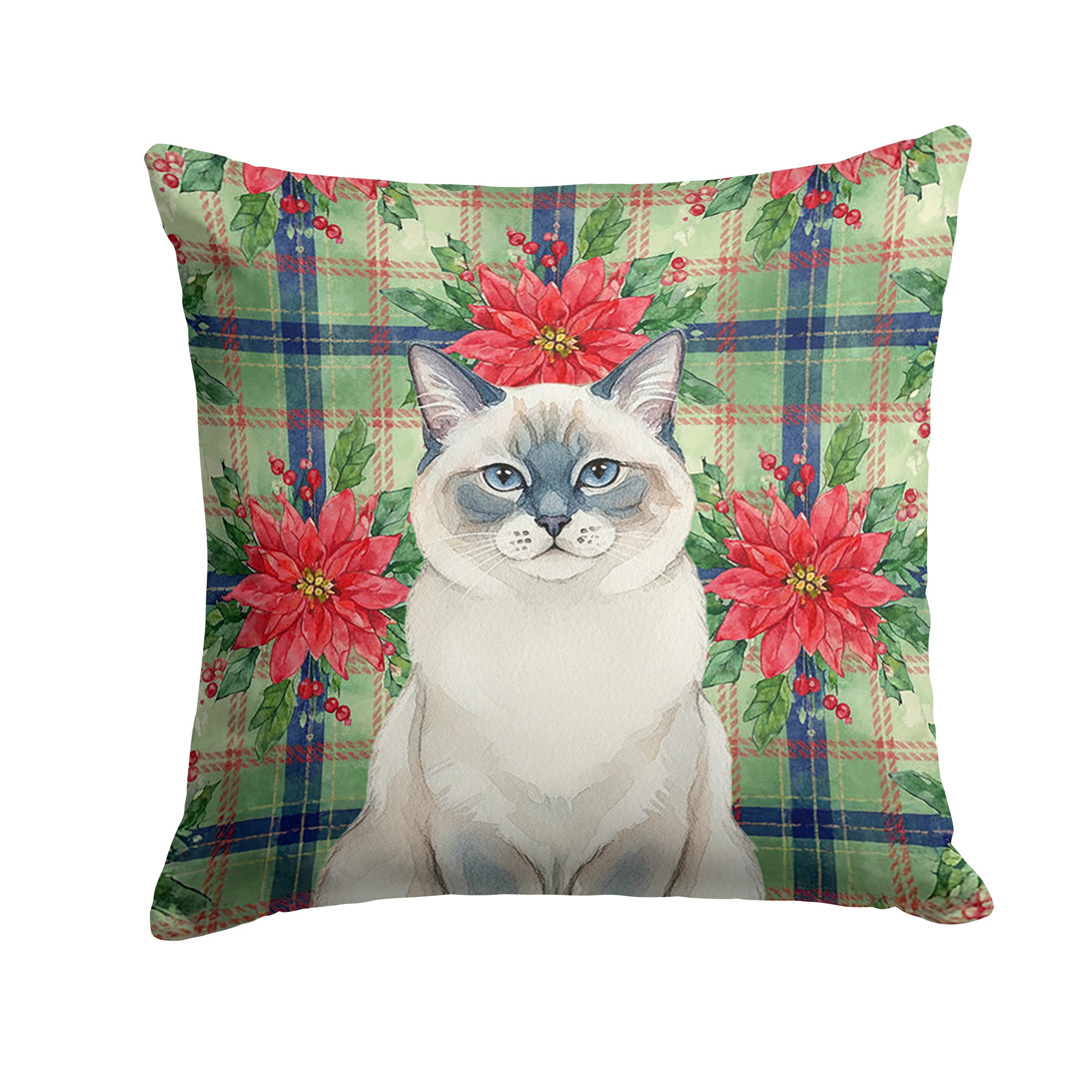 Ragdoll Blue Point Cat with Poinsettias Decorative Throw Pillow 18x18 Indoor Outdoor Accent Cushion, Fabric Cover with Insert for Sofa, Bed, Porch & Living Room