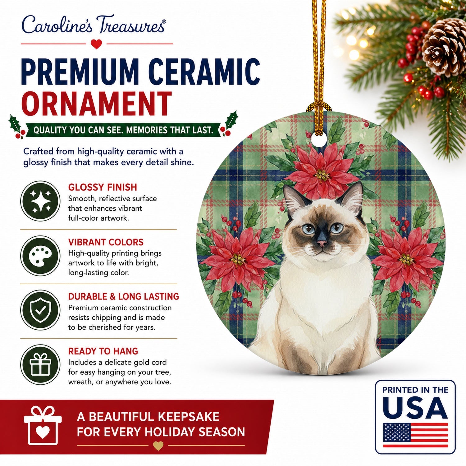 Ragdoll Seal Point Cat with Poinsettias Ceramic Ornament Christmas Tree Hanging Decorations for Home Christmas Holiday, Party, Gift, 3 in, Multicolor