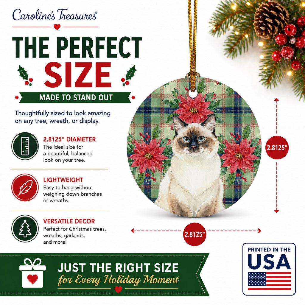Ragdoll Seal Point Cat with Poinsettias Ceramic Ornament Christmas Tree Hanging Decorations for Home Christmas Holiday, Party, Gift, 3 in, Multicolor