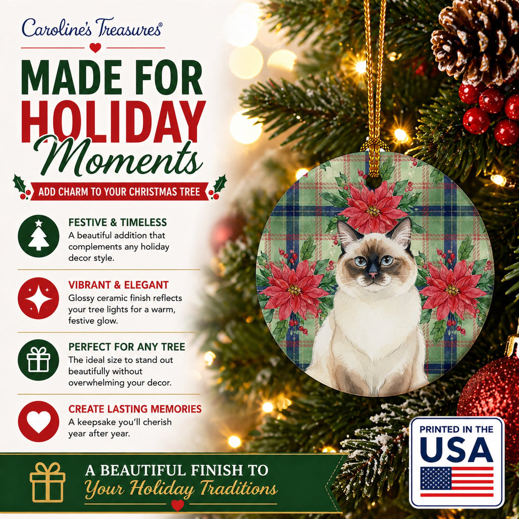 Ragdoll Seal Point Cat with Poinsettias Ceramic Ornament Christmas Tree Hanging Decorations for Home Christmas Holiday, Party, Gift, 3 in, Multicolor