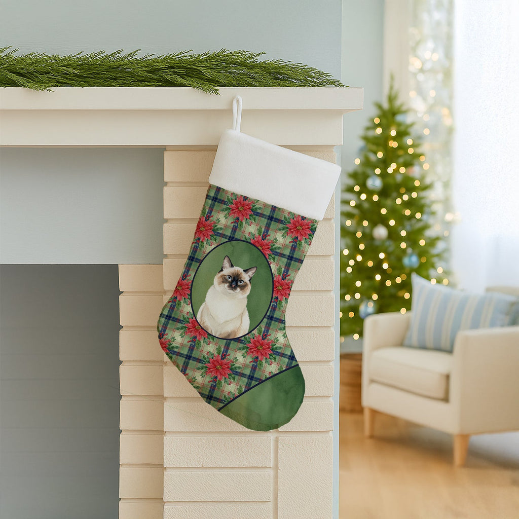 Ragdoll Seal Point Cat with Poinsettias Holiday Stocking Double-Sided Print, Polyester Suede,11x18, Made in USA