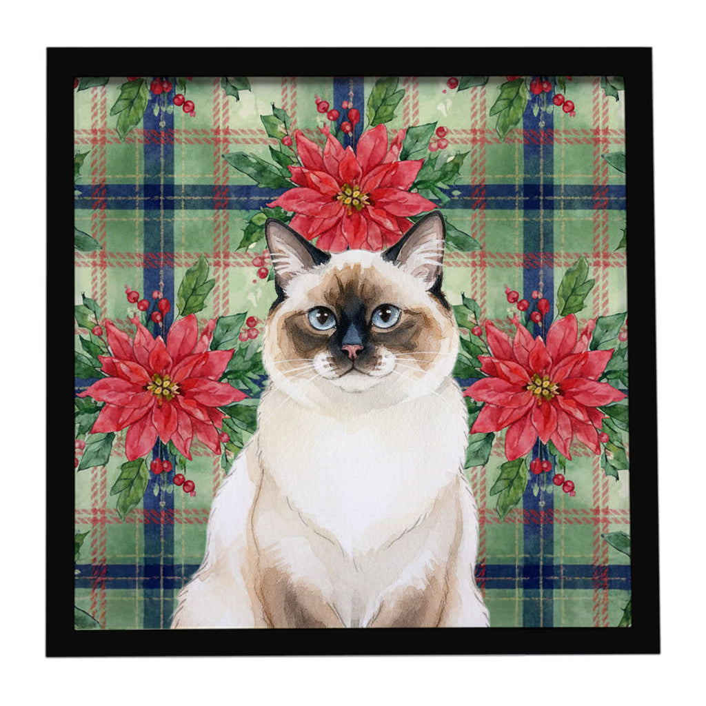 Ragdoll Seal Point Cat with Poinsettias Framed Metal Print Bathroom, Kitchen, Office, Home Decor Wall Art Ready to Hang, Square, 8X8