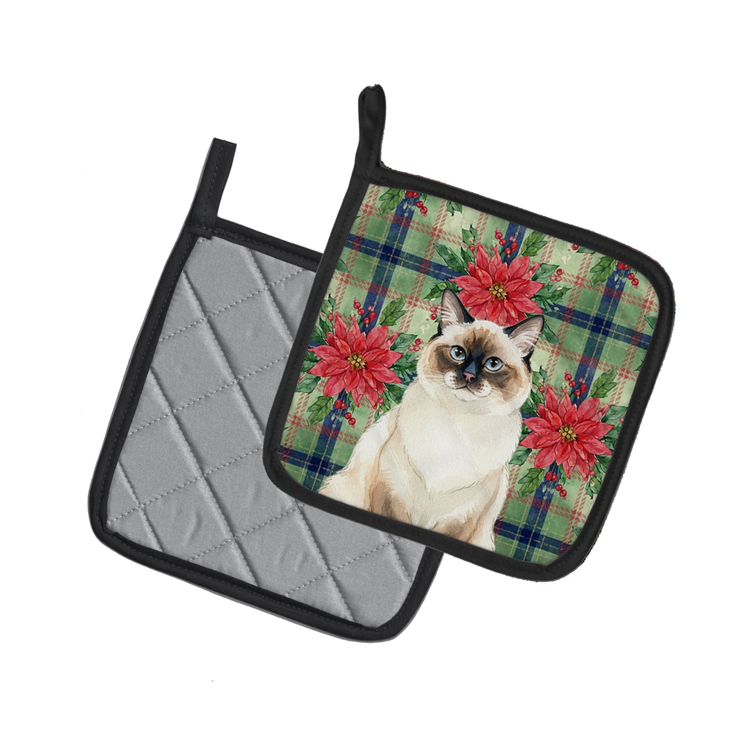 Ragdoll Seal Point Cat with Poinsettias Pot Holder Set of 2 Heat Resistant Quilted Hot Pads 7.5 x 7.5 Inch, Insulated Kitchen Trivets for Cooking & Baking