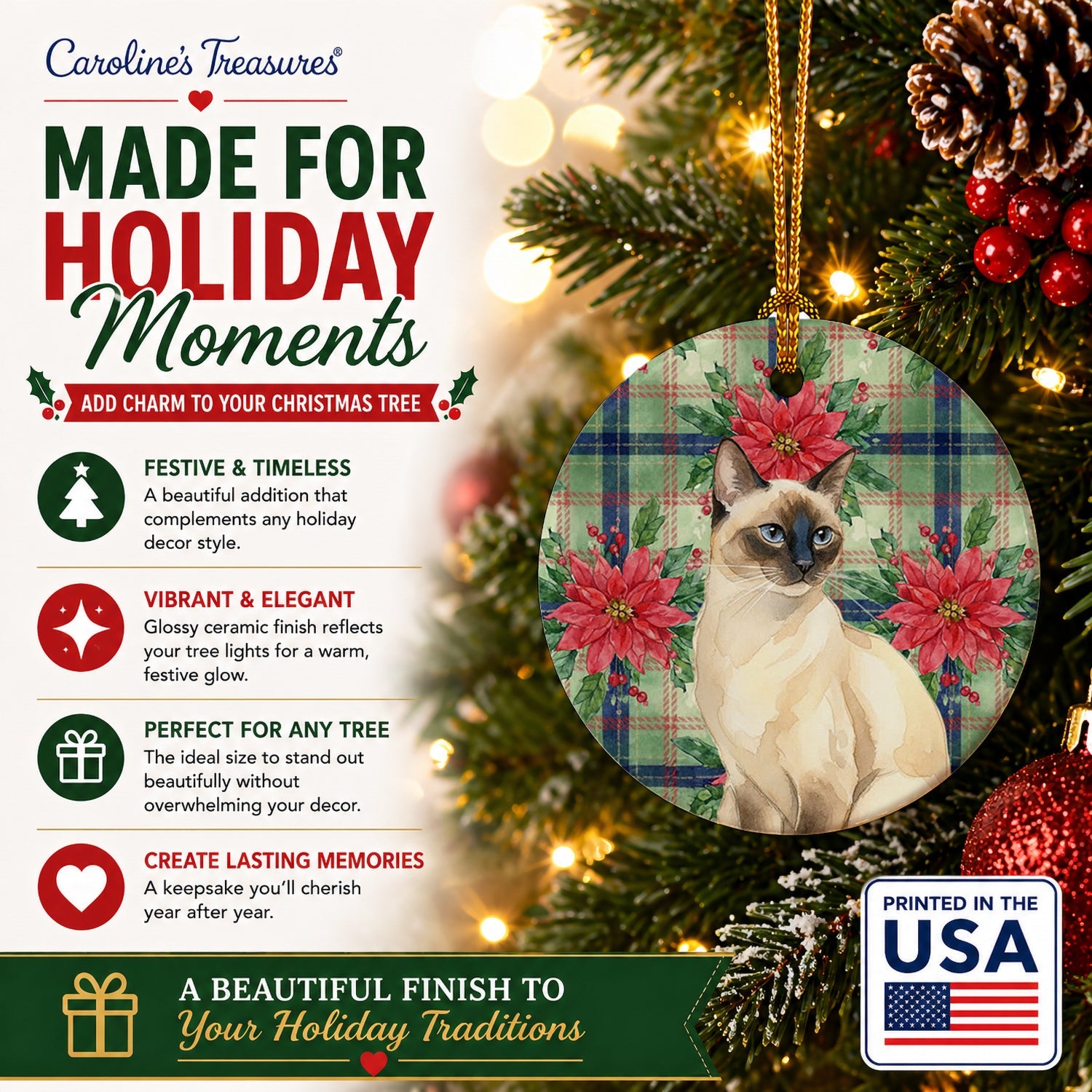 Seal Point Cat with Poinsettias Ceramic Ornament Christmas Tree Hanging Decorations for Home Christmas Holiday, Party, Gift, 3 in, Multicolor