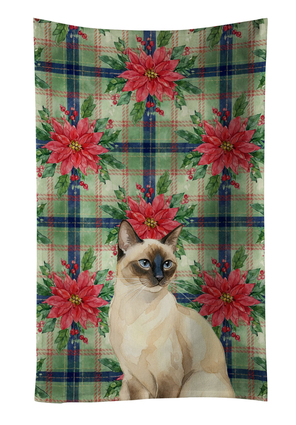 Seal Point Cat with Poinsettias Kitchen Towel Velour Plush Front and Cotton Loop Back Machine Washable