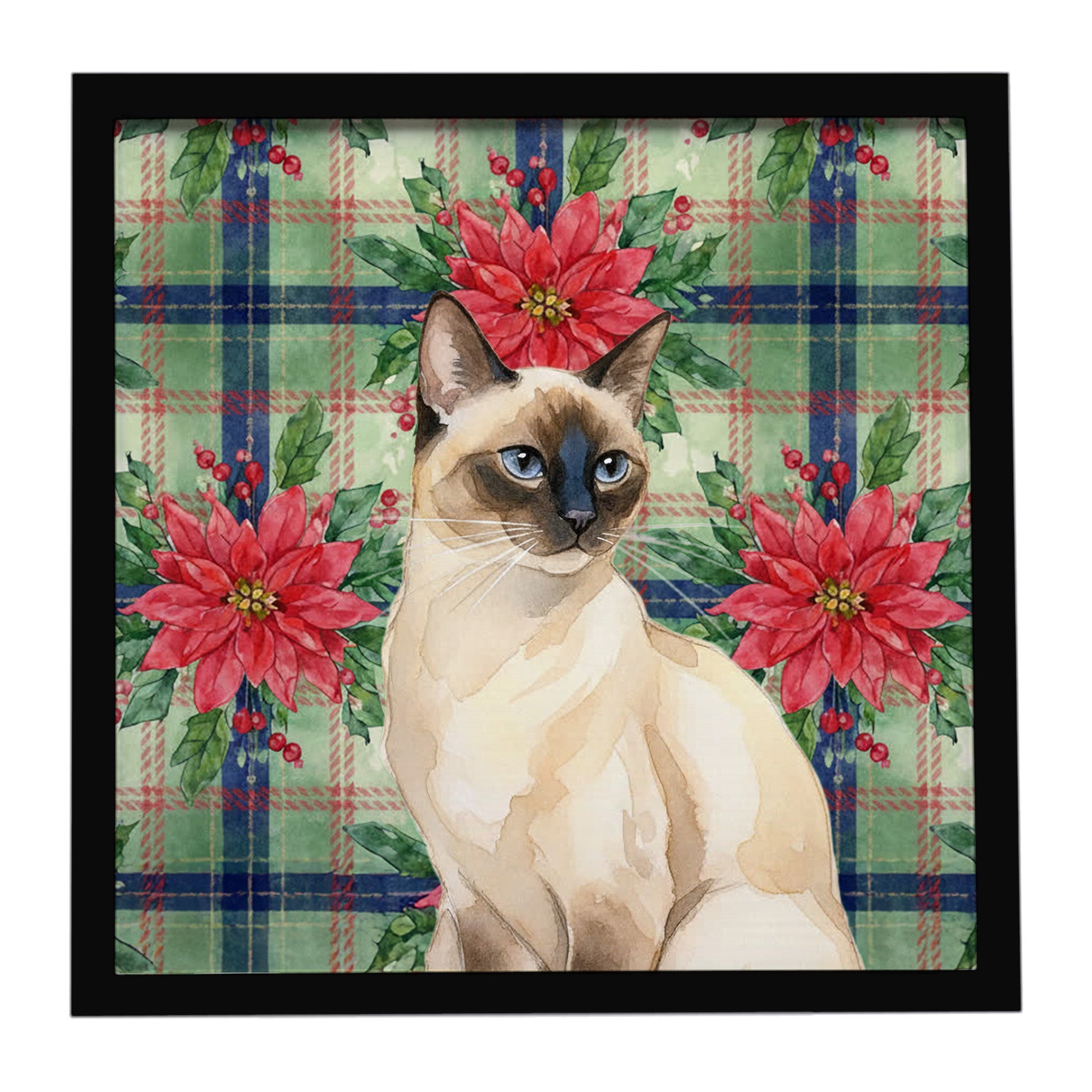 Seal Point Cat with Poinsettias Framed Metal Print Bathroom, Kitchen, Office, Home Decor Wall Art Ready to Hang, Square, 8X8