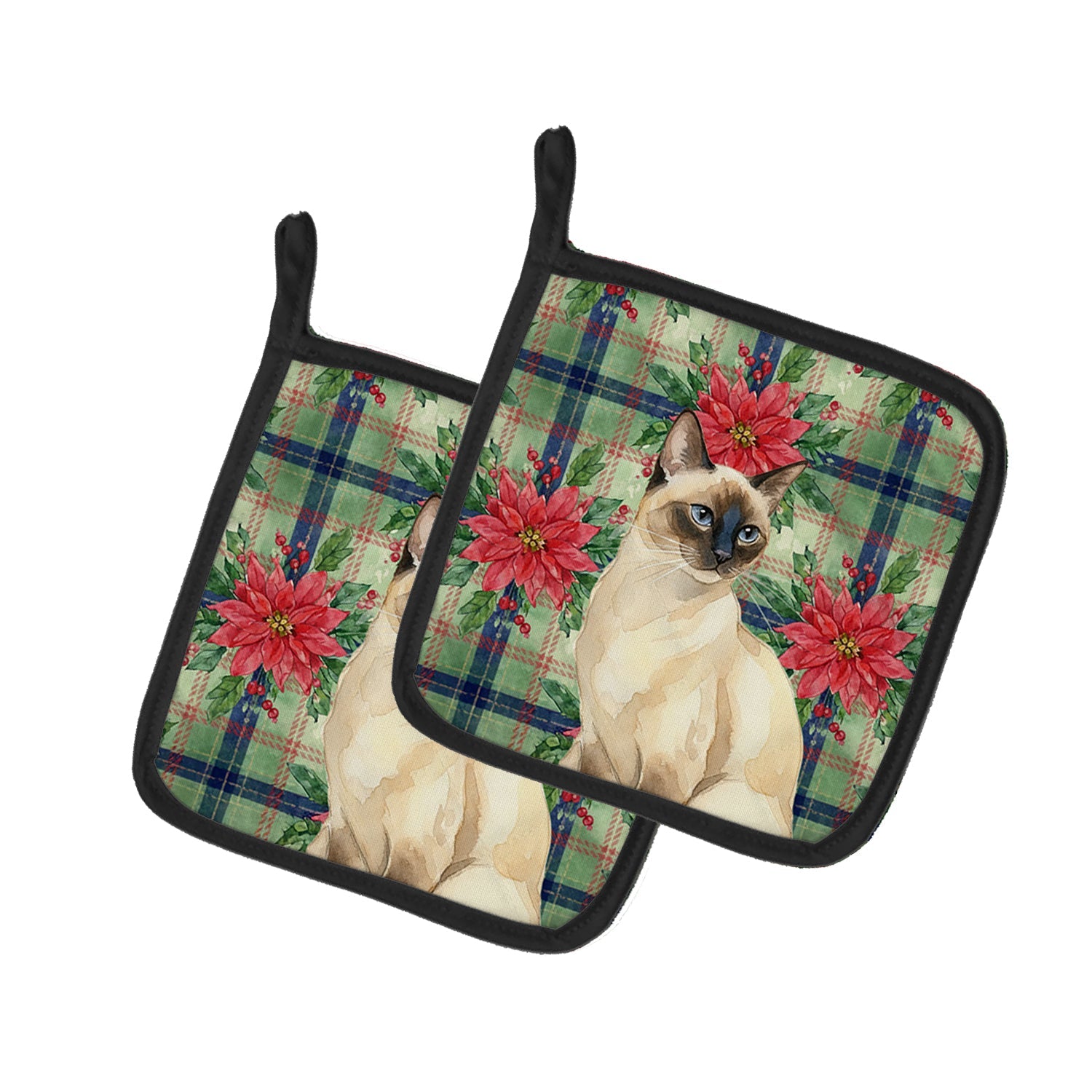 Seal Point Cat with Poinsettias Pot Holder Set of 2 Heat Resistant Quilted Hot Pads 7.5 x 7.5 Inch, Insulated Kitchen Trivets for Cooking & Baking