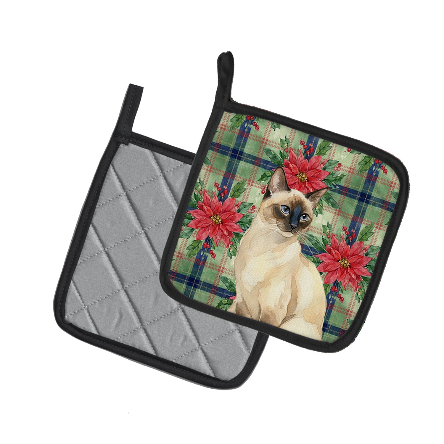 Seal Point Cat with Poinsettias Pot Holder Set of 2 Heat Resistant Quilted Hot Pads 7.5 x 7.5 Inch, Insulated Kitchen Trivets for Cooking & Baking