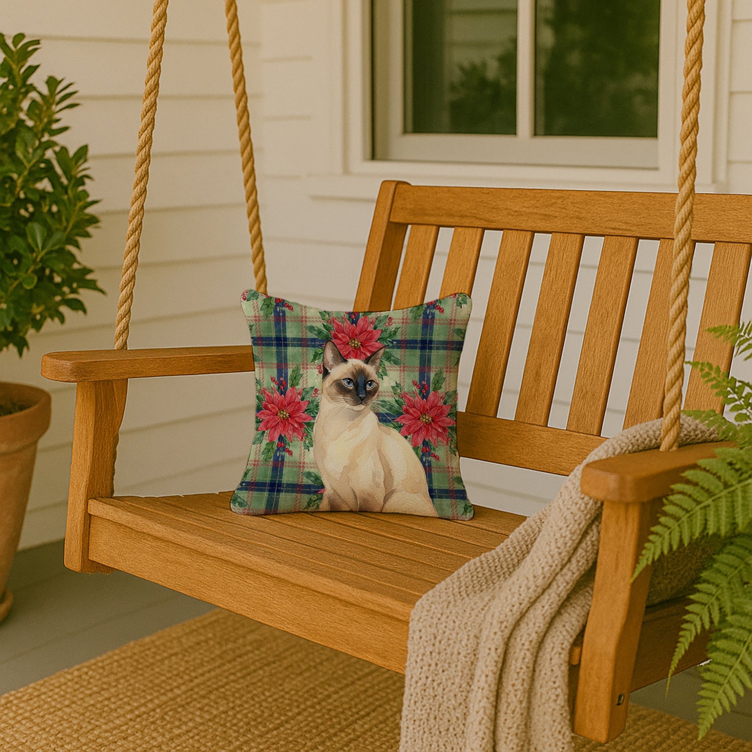 Seal Point Cat with Poinsettias Decorative Throw Pillow 14x14 Indoor Outdoor Accent Cushion, Fabric Cover with Insert for Sofa, Bed, Porch & Living Room
