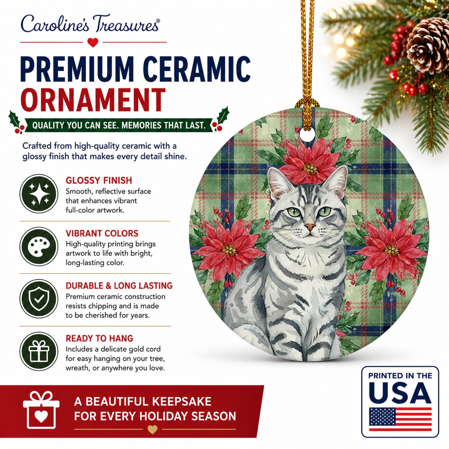 Silver Classic Tabby Cat with Poinsettias Ceramic Ornament Christmas Tree Hanging Decorations for Home Christmas Holiday, Party, Gift, 3 in, Multicolor