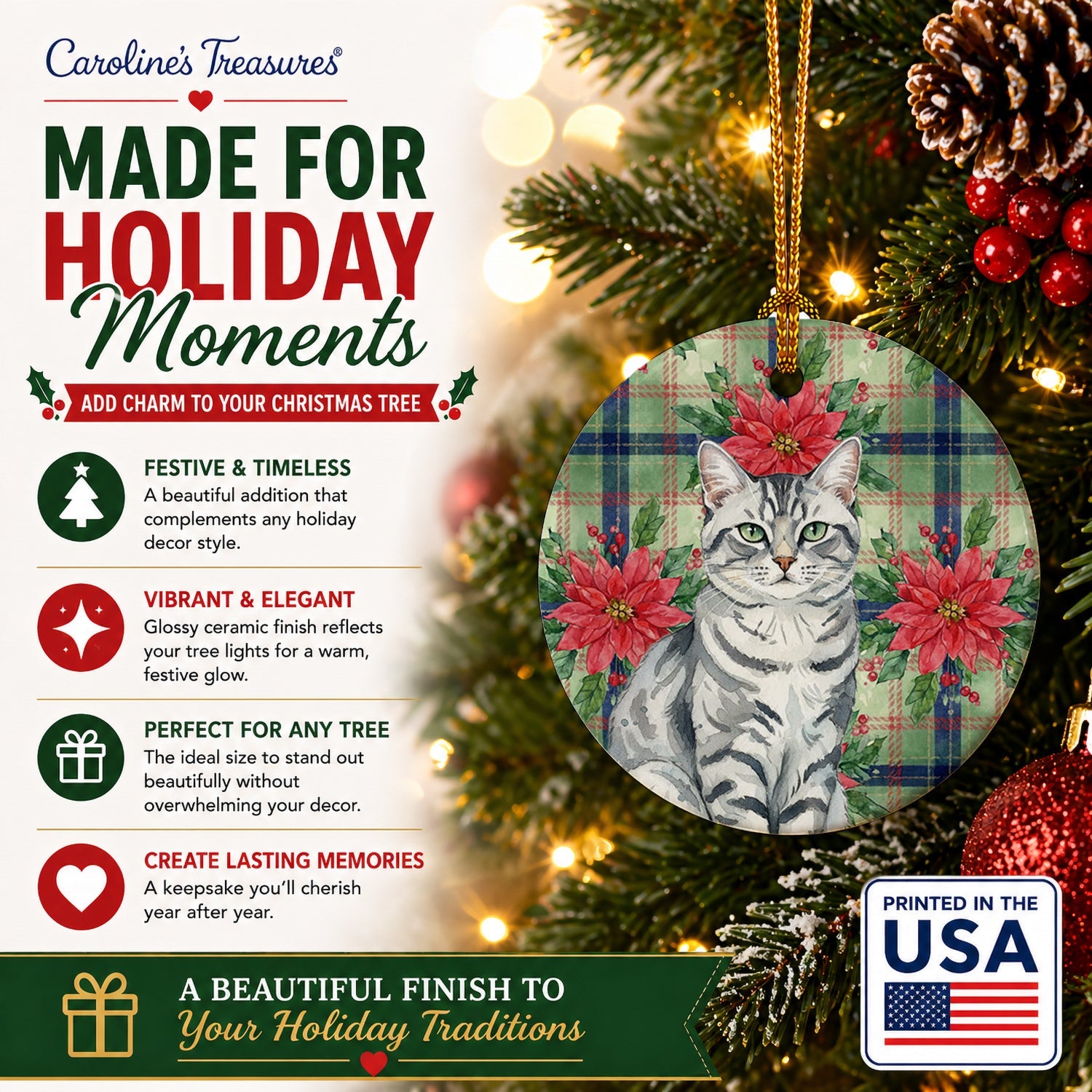 Silver Classic Tabby Cat with Poinsettias Ceramic Ornament Christmas Tree Hanging Decorations for Home Christmas Holiday, Party, Gift, 3 in, Multicolor
