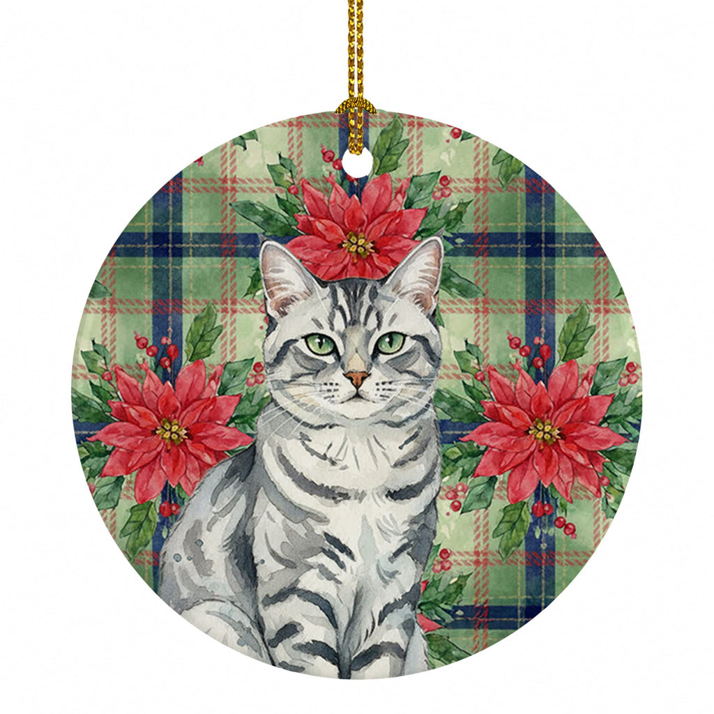 Silver Classic Tabby Cat with Poinsettias Ceramic Ornament Christmas Tree Hanging Decorations for Home Christmas Holiday, Party, Gift, 3 in, Multicolor