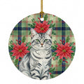 Silver Classic Tabby Cat with Poinsettias Ceramic Ornament Christmas Tree Hanging Decorations for Home Christmas Holiday, Party, Gift, 3 in, Multicolor