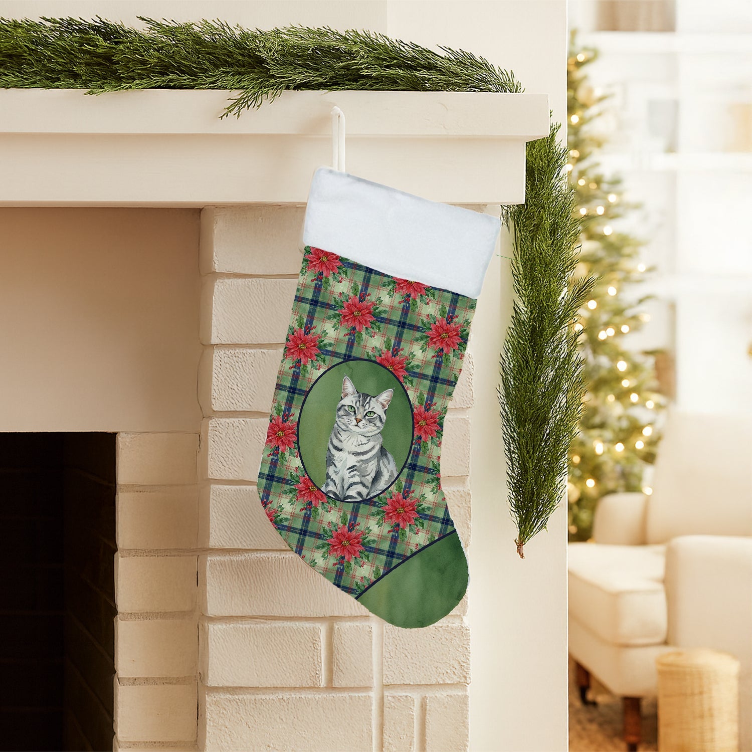 Silver Classic Tabby Cat with Poinsettias Holiday Stocking Double-Sided Print, Polyester Suede,11x18, Made in USA