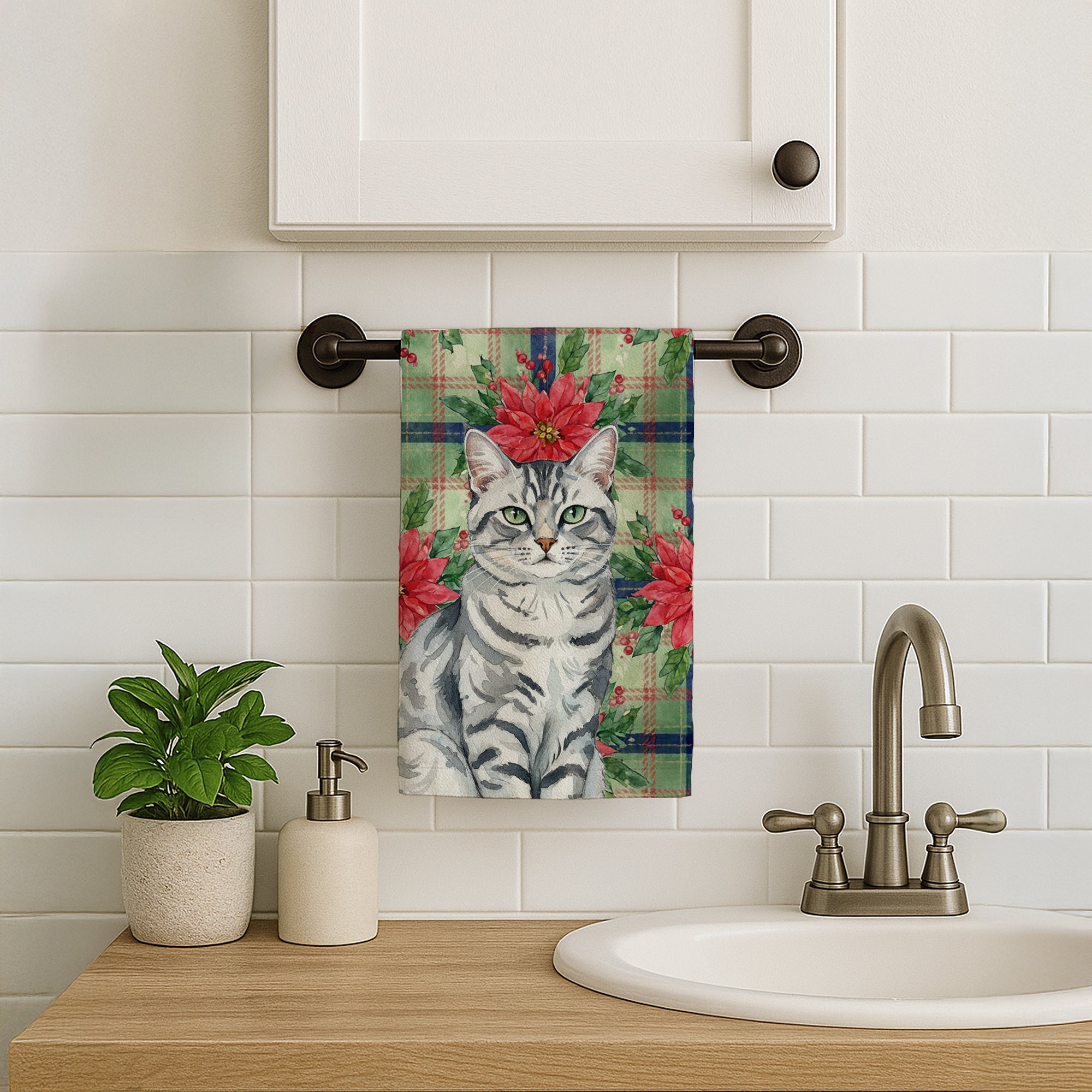 Silver Classic Tabby Cat with Poinsettias Kitchen Towel Velour Plush Front and Cotton Loop Back Machine Washable