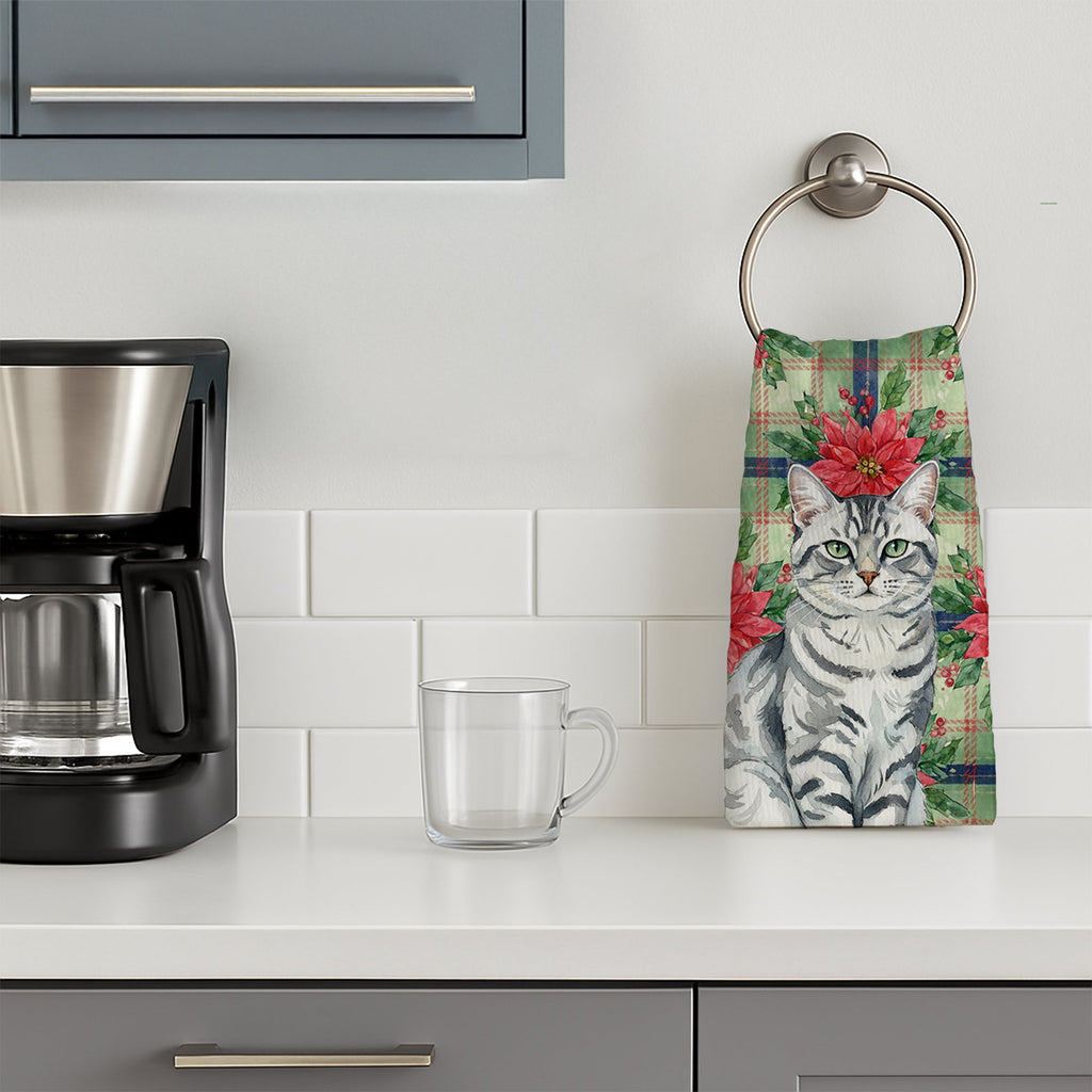 Silver Classic Tabby Cat with Poinsettias Kitchen Towel Velour Plush Front and Cotton Loop Back Machine Washable