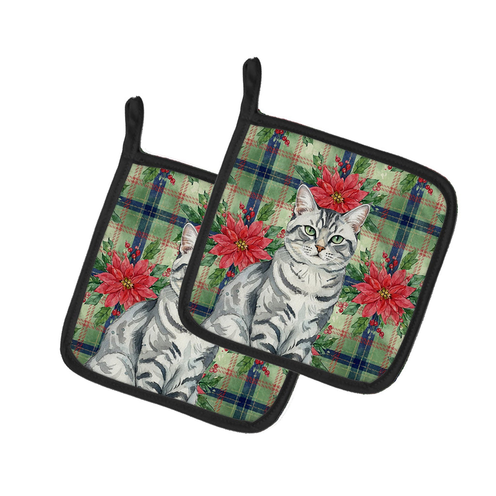 Silver Classic Tabby Cat with Poinsettias Pot Holder Set of 2 Heat Resistant Quilted Hot Pads 7.5 x 7.5 Inch, Insulated Kitchen Trivets for Cooking & Baking