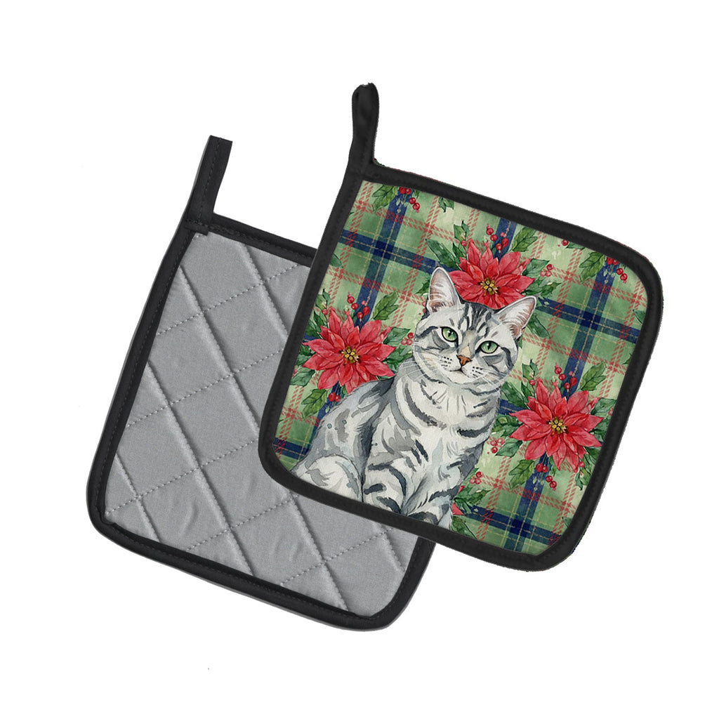 Silver Classic Tabby Cat with Poinsettias Pot Holder Set of 2 Heat Resistant Quilted Hot Pads 7.5 x 7.5 Inch, Insulated Kitchen Trivets for Cooking & Baking