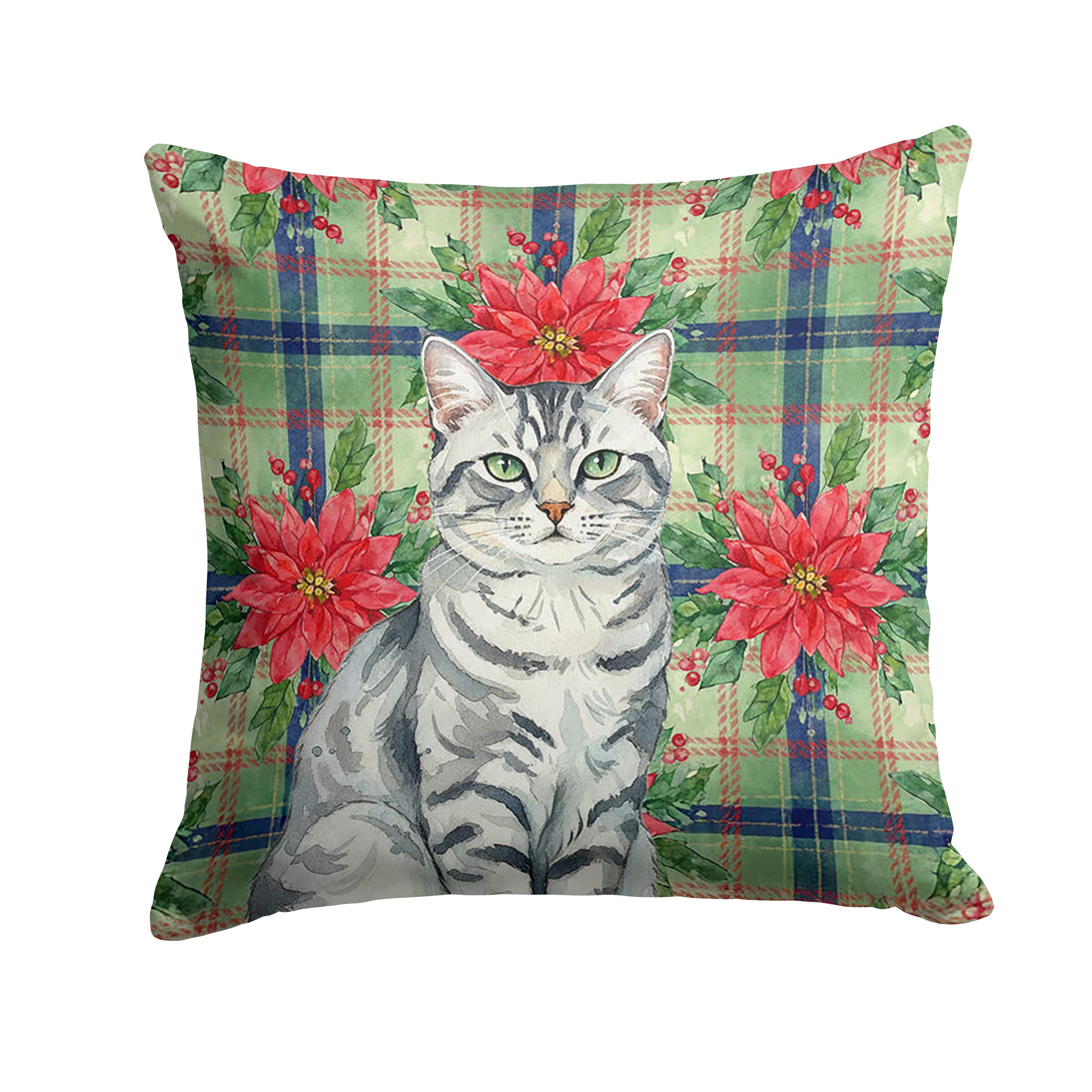Silver Classic Tabby Cat with Poinsettias Decorative Throw Pillow 14x14 Indoor Outdoor Accent Cushion, Fabric Cover with Insert for Sofa, Bed, Porch & Living Room