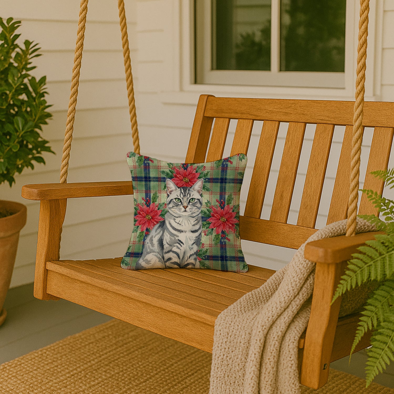 Silver Classic Tabby Cat with Poinsettias Decorative Throw Pillow 14x14 Indoor Outdoor Accent Cushion, Fabric Cover with Insert for Sofa, Bed, Porch & Living Room
