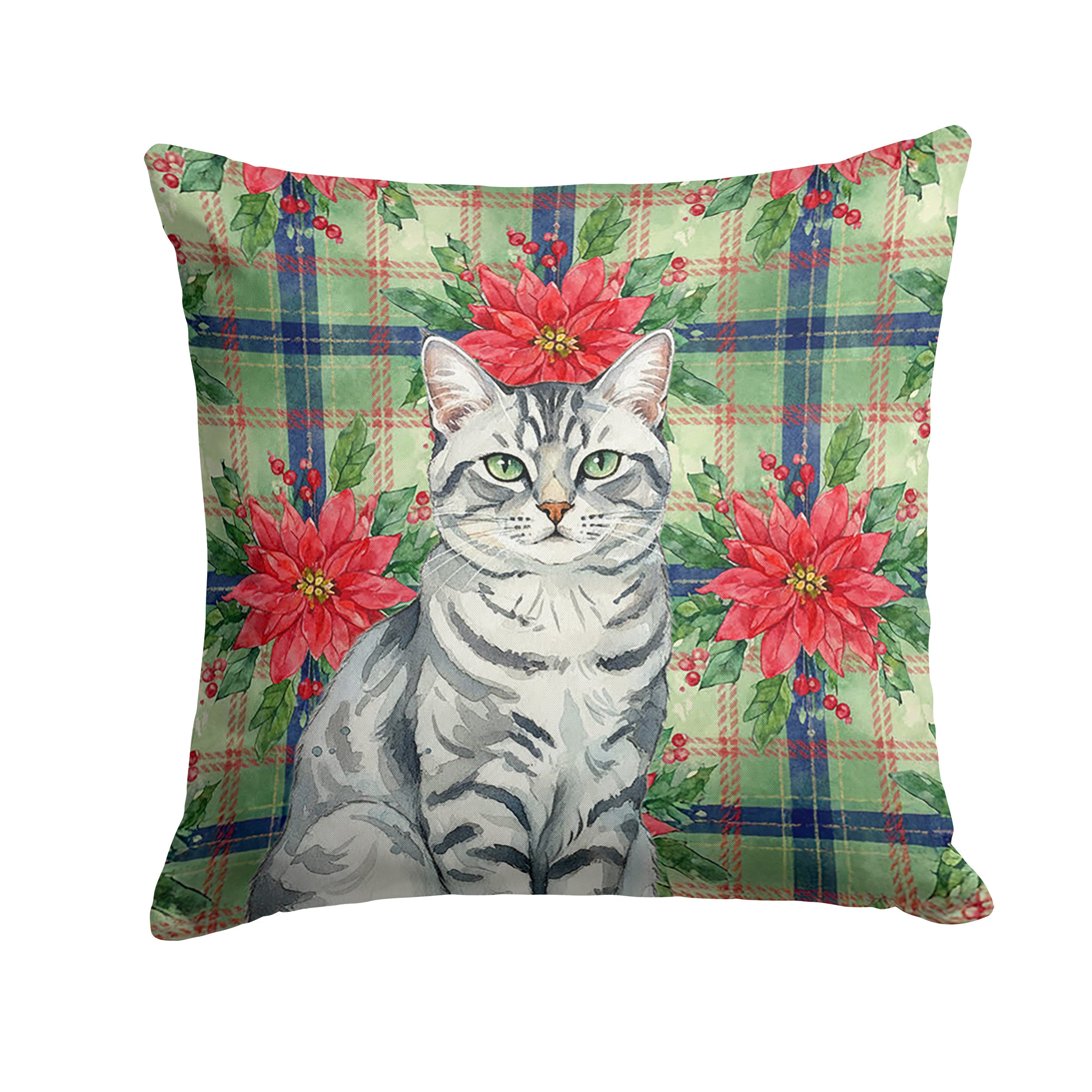 Silver Classic Tabby Cat with Poinsettias Decorative Throw Pillow 18x18 Indoor Outdoor Accent Cushion, Fabric Cover with Insert for Sofa, Bed, Porch & Living Room