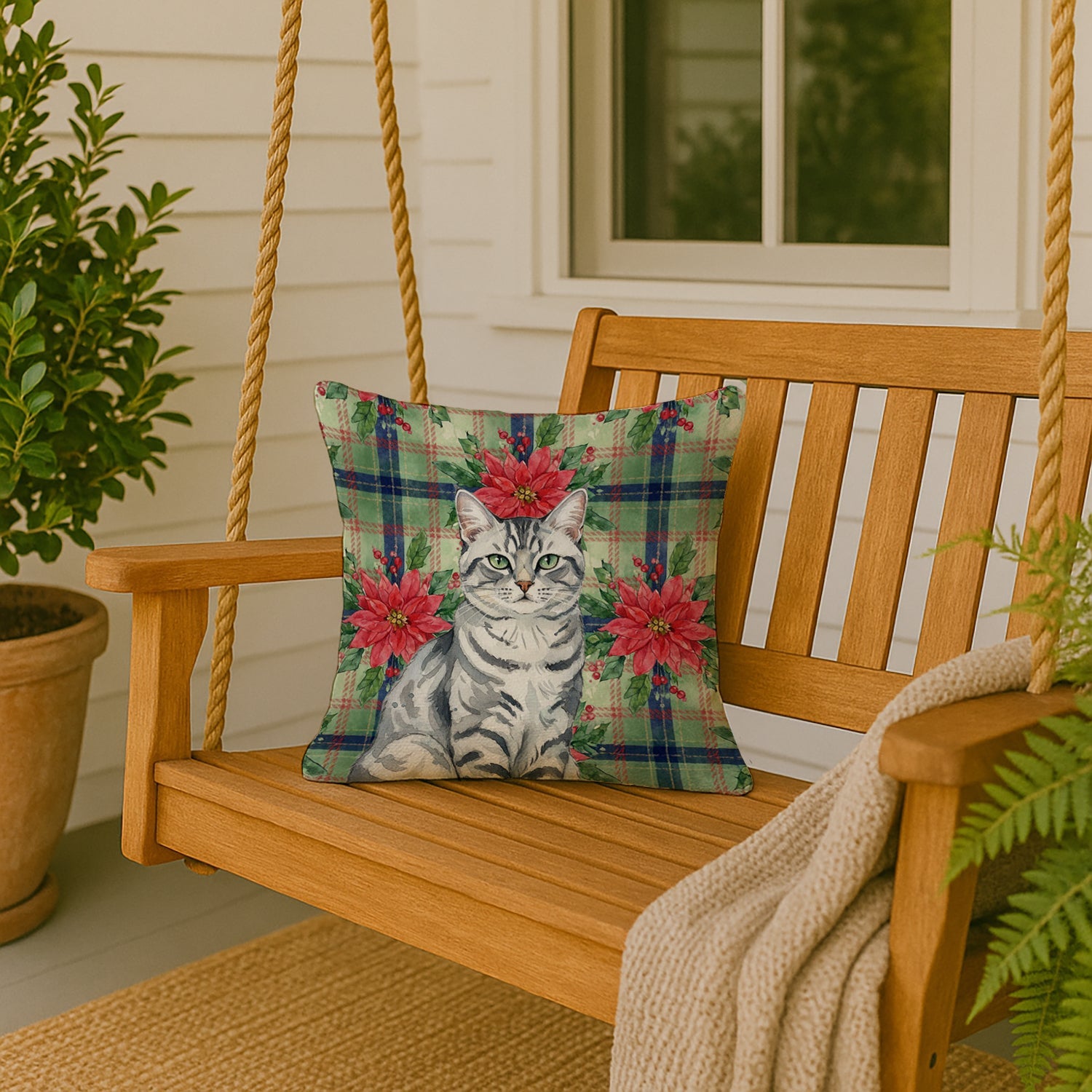 Silver Classic Tabby Cat with Poinsettias Decorative Throw Pillow 18x18 Indoor Outdoor Accent Cushion, Fabric Cover with Insert for Sofa, Bed, Porch & Living Room