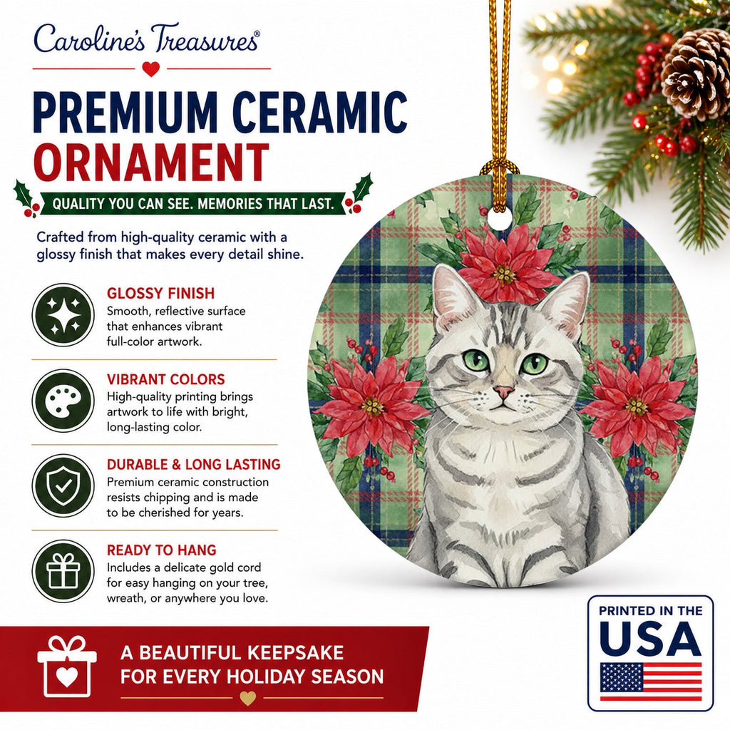 Silver Mackerel Tabby Cat with Poinsettias Ceramic Ornament Christmas Tree Hanging Decorations for Home Christmas Holiday, Party, Gift, 3 in, Multicolor