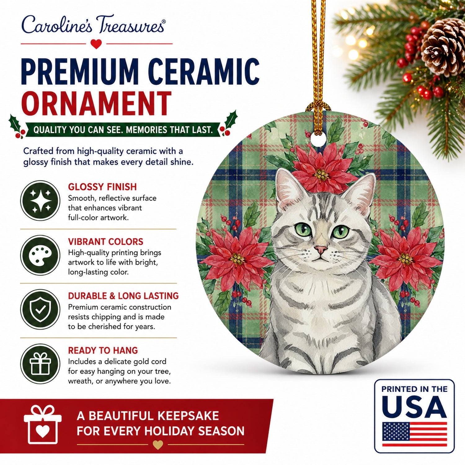 Silver Mackerel Tabby Cat with Poinsettias Ceramic Ornament Christmas Tree Hanging Decorations for Home Christmas Holiday, Party, Gift, 3 in, Multicolor
